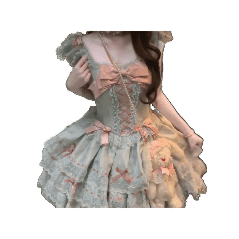 甜美Lolita洛丽塔蝴蝶结方口领连衣裙夏季新款减龄显瘦蓬蓬公主裙|undefined
