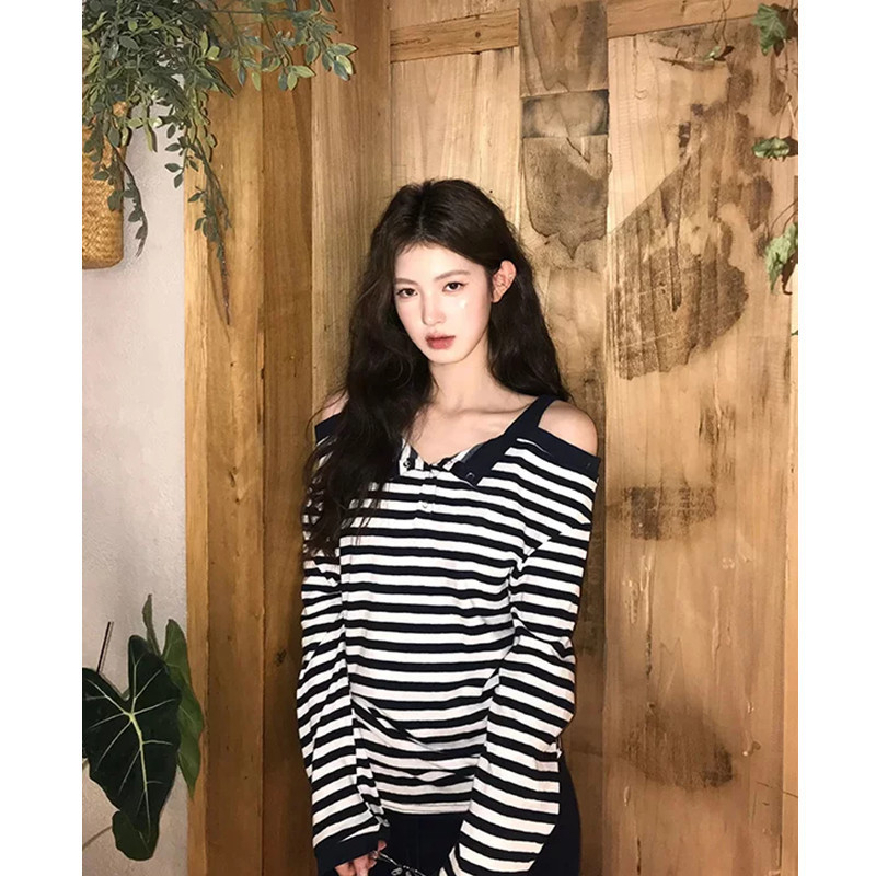 大码胖MM条纹甜辣风一字肩长袖t恤女秋假两件显瘦休闲慵懒风上衣|undefined