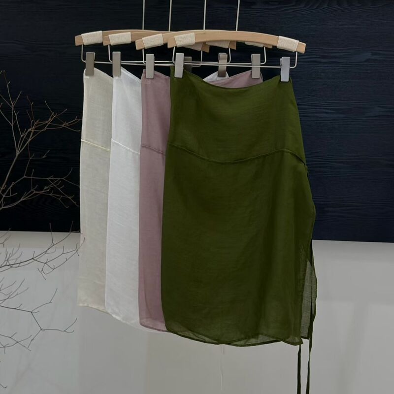 2026 Summer New Style Solid Color Versatile Side-Tie Ramie Plain Elegant Versatile Hem Slit Skirt for Women