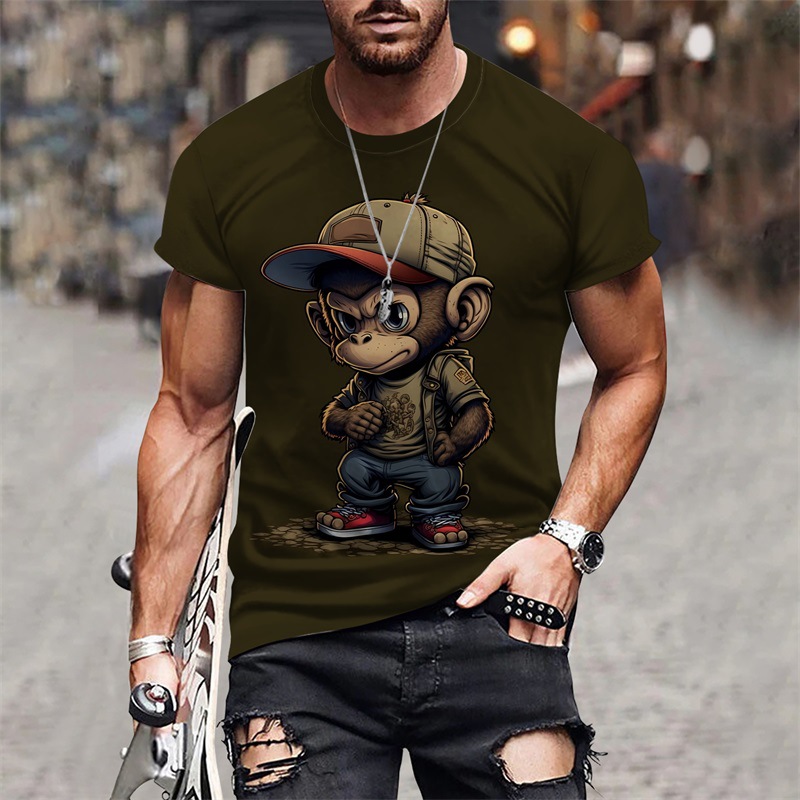 Independent Brand Cartoon Anime Monkey Fashion 3D Print Trendy New American Style T-Shirt Men's Street Style Short Sleeve