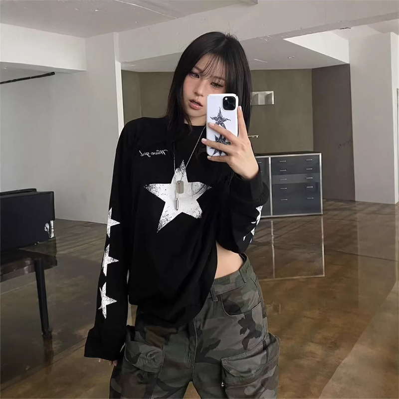 Academy-Style Ins Niche Retro Star Sleeve Print Loose Versatile Lazy Long-Sleeve T-Shirt Women's Top