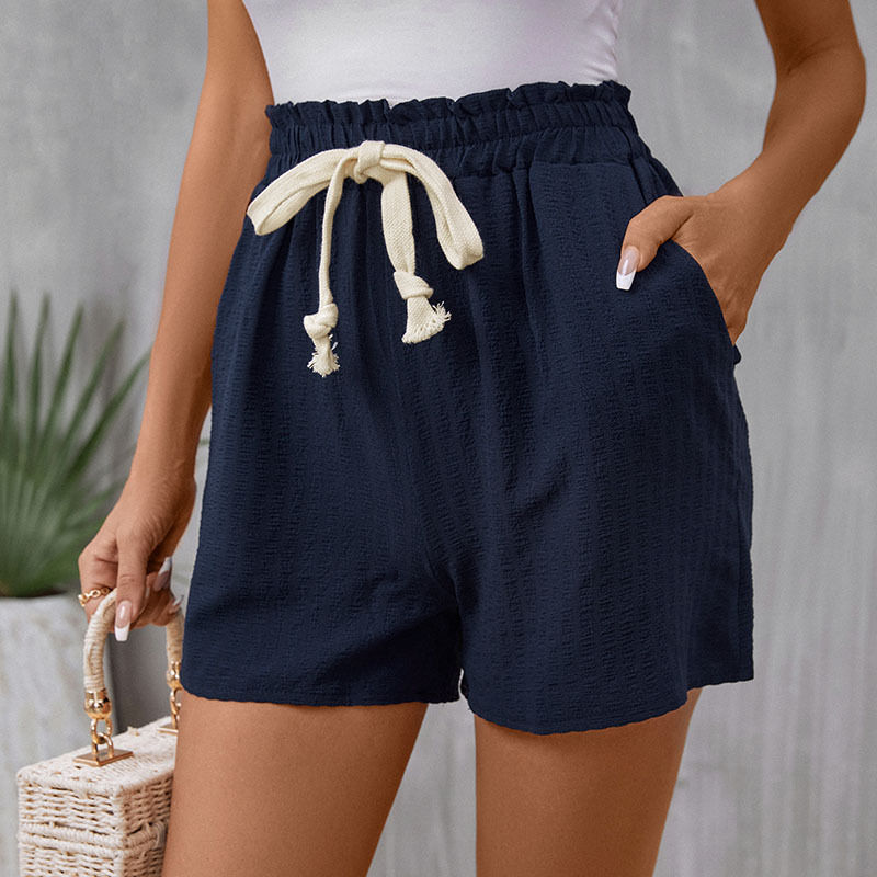 Solid Color Pocket Ties Casual Elastic Waist Shorts_voghion.com