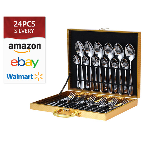 24-piece set of stainless steel cutlery, forks and spoons in wooden box 1010, Western tableware as a gift, golden gift box set