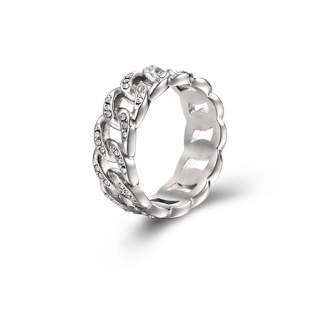 European And American HIPHOP Hip-Hop Style Titanium Steel Cuban Chain Sticky Diamond Ring Inlaid With Diamonds Light_voghion.com