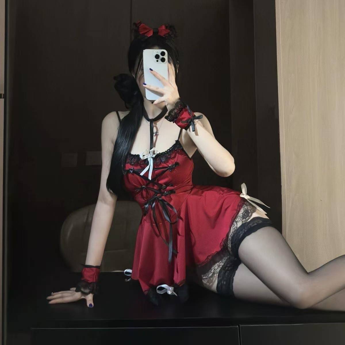 Maid Roleplay Lingerie Set with Red Uniform and Black Bodystocking — detail image 3