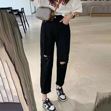 梨形身材微胖女生穿搭大码破洞牛仔裤子女夏季薄款弹力哈伦老爹裤