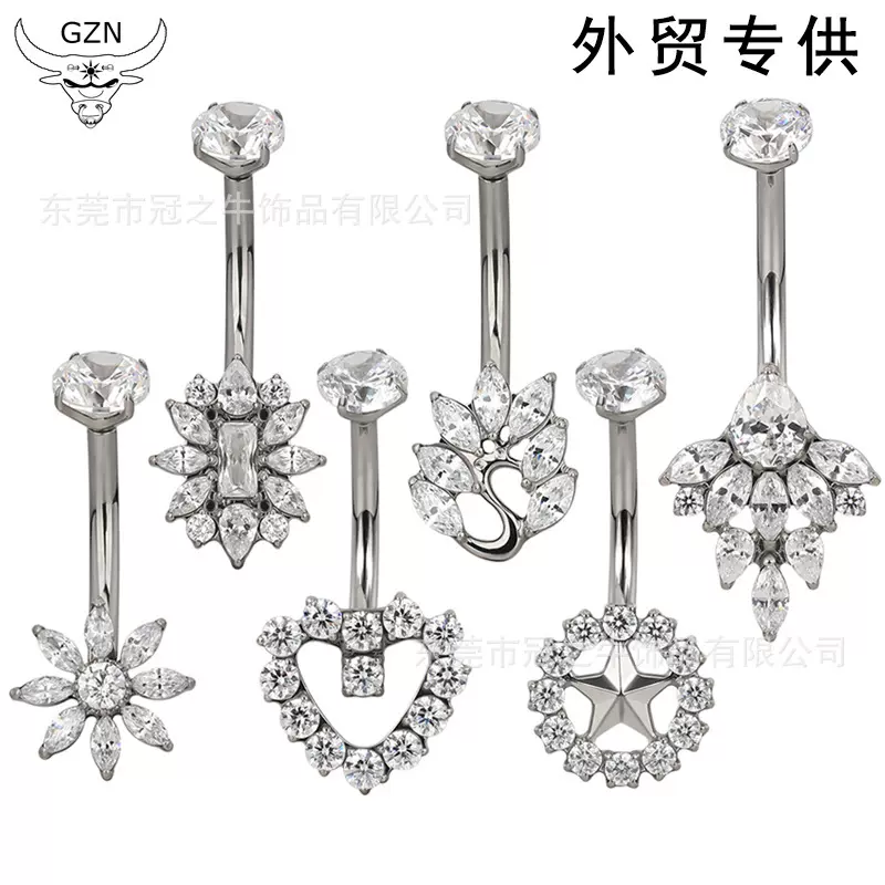 冠之牛F136/G23钛花朵肚脐钉镶嵌锆石钛合金人体穿刺饰品肚脐环