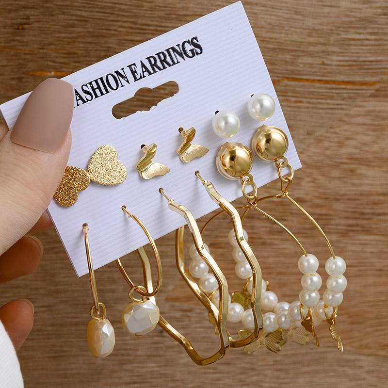 欧美跨境新款珍珠女士耳环 复古金色耳圈套装6件套Earrings Set 欧美跨境新款珍珠女士耳环 复古金色耳圈套装6件套Earrings Set