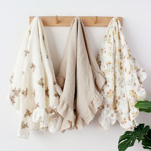 Children's Blanket Cotton Crepe Printed Ruffled Baby Stroller Blanket Summer Air Conditioning Quilt Baby Wrap Blanket