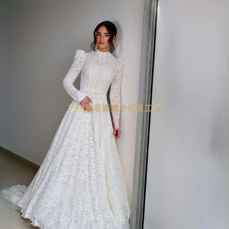 Foreign Trade Wedding Dress with High Collar, Full Lace, Long Sleeves, Button Front, Vintage A-Line Gown, Bridal Gown for Marriage Foreign Trade Wedding Dress with High Collar, Full Lace, Long Sleeves, Button Front, Vintage A-Line Gown, Bridal Gown for Marriage