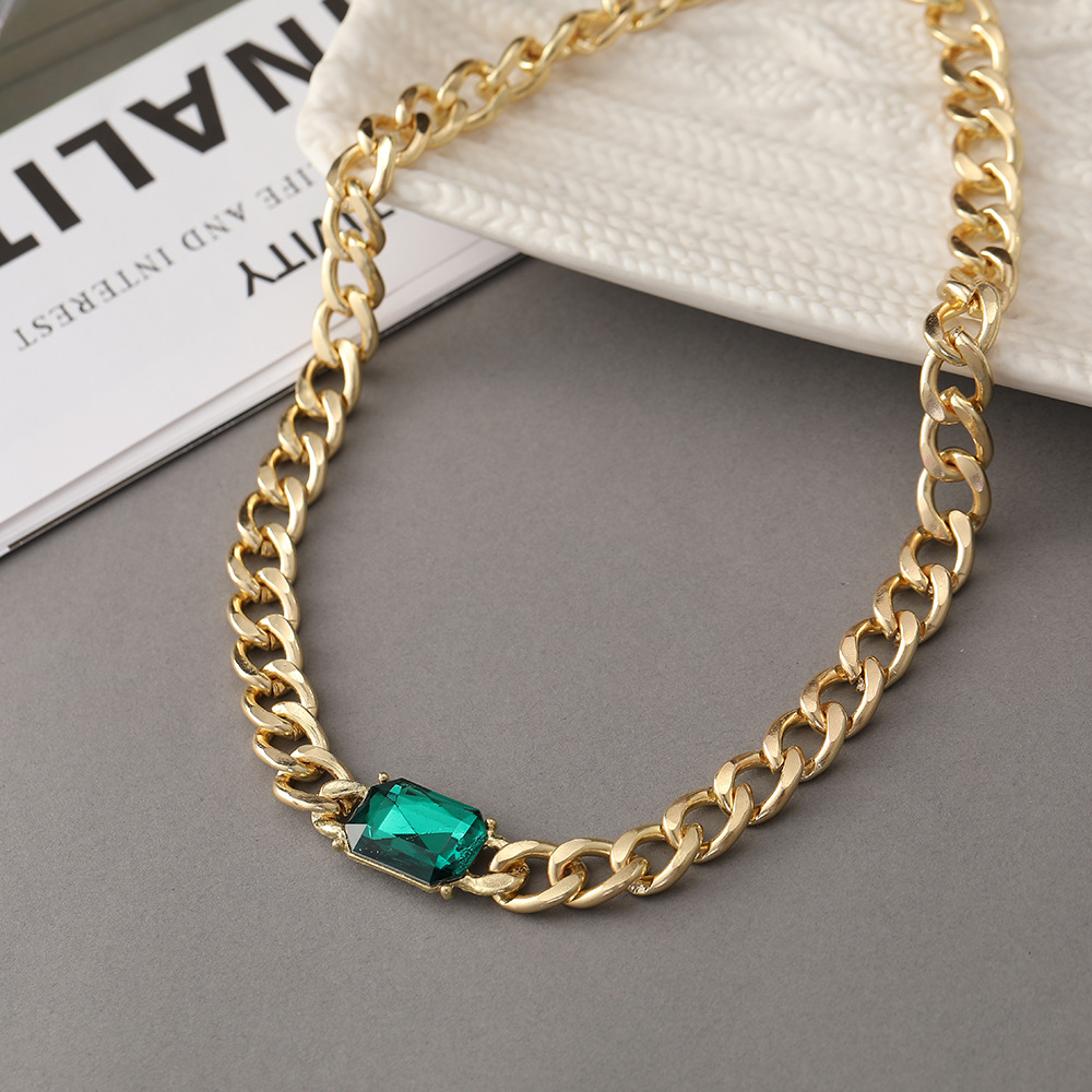 European and American stitching chain clavicle chain necklace Cuban chain green diamond alloy necklacepicture5