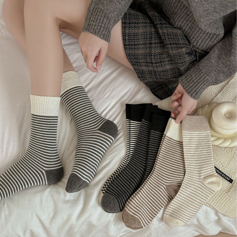 Wool Dongdaemun Contrast Color Ribbed Striped Socks Autumn Winter Melange Color Slouch Socks Casual Women's Mid-Calf Socks