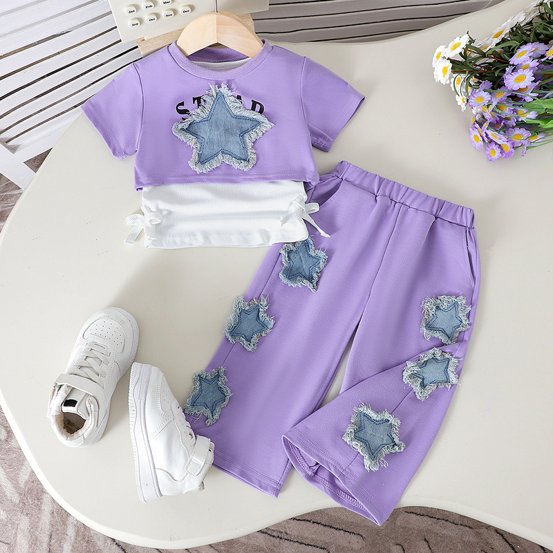 アマゾンクロスボーダーヨーロッパとアメリカの夏の新しいスタイルのレタープリント半袖ニットTシャツスターパッチパンツガールズスーツ|undefined