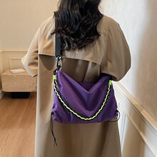 超轻防水尼龙布格子包女新款百搭抽绳撞色单肩斜挎包大容量托特包