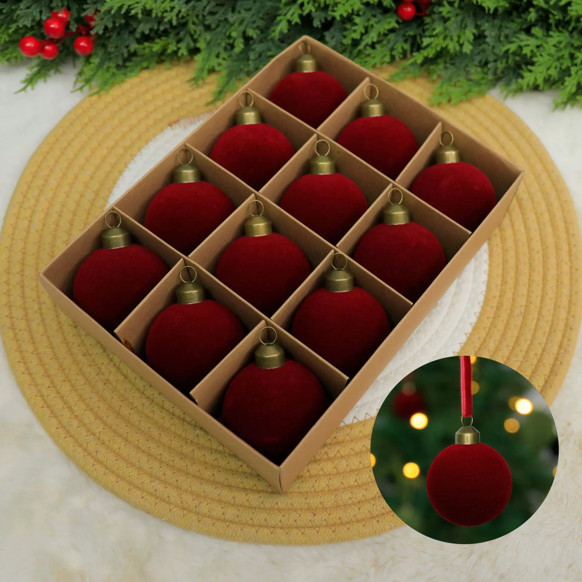 植绒圣诞球高档金属帽盒装球酒红牛油果墨绿咖啡色圣诞树挂件装饰