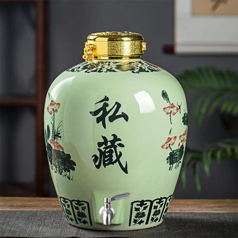 陶瓷酒坛10/20/30/50斤线条荷花窑变私藏 家用酒瓶密封酒缸