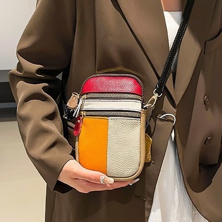 Mobile Phone Bag, Genuine Leather Mini Shoulder Bag, New Style First-Layer Cowhide, Fashionable Contrasting Color Multi-Layer Single Shoulder Crossbody Bag for Women