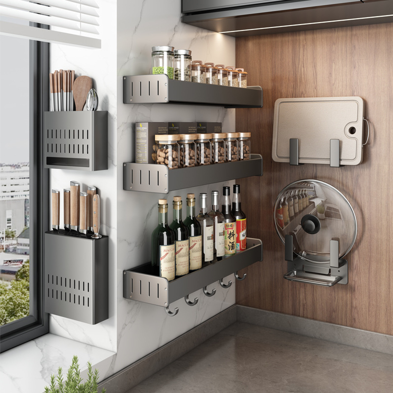 Gun gray kitchen storage rack without punching kitchen supplies storage rack set wall-mounted multi-functional condiment storage rack