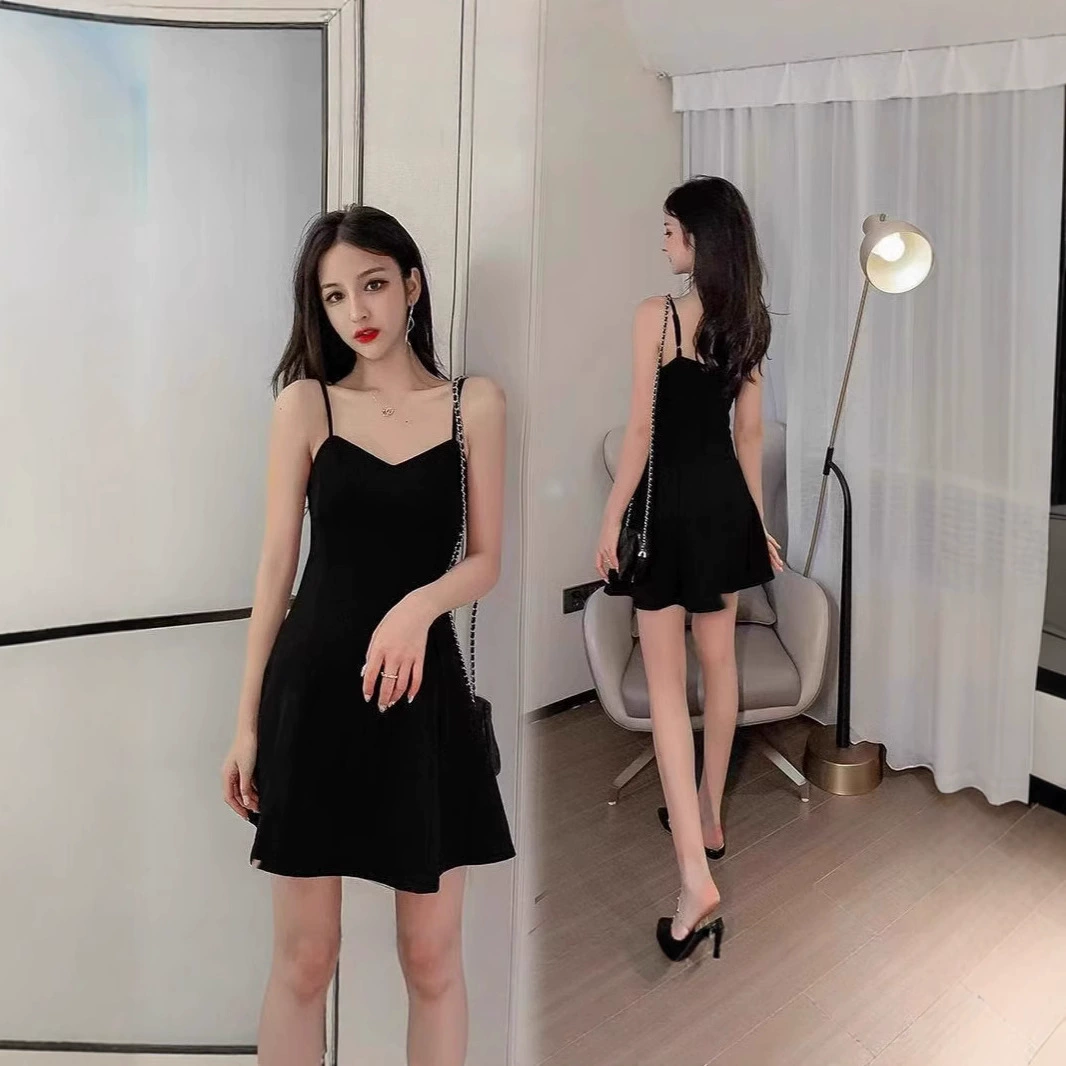 Черное сексуальное платье на подтяжках в стиле чистой страсти для женщин, летняя новая стильная тонкая короткая юбка трапециевидной формы в стиле Хепберн