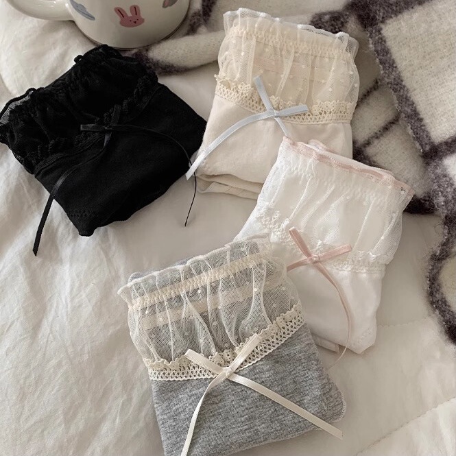 软软糯糯~甜美蕾丝网纱拼接纯棉女内裤舒适中腰包臀纯棉裆三角裤|undefined