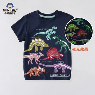 欧美男童圆领短袖t恤2025新款夏季儿童恐龙夜光印花上衣童装批发