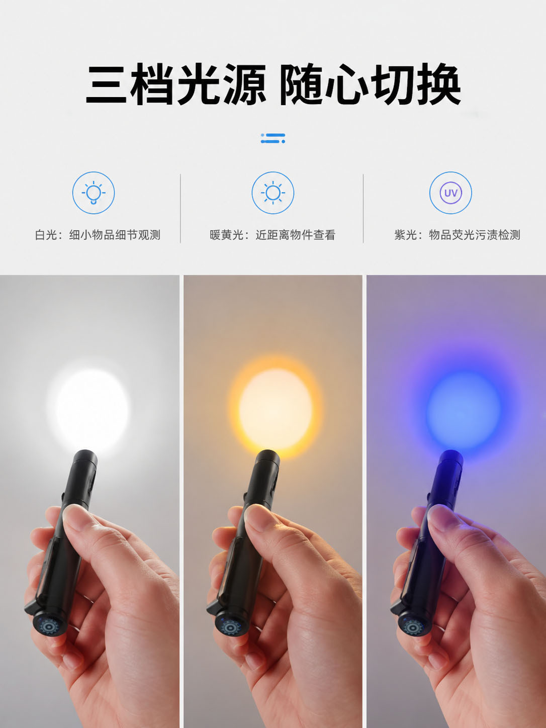 USB rechargeable medical flashlight, rear-press yellow-white-purple three-light pupil penlight, aluminum alloy, for nurses, oral and eye care
