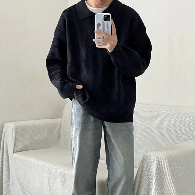 POLO collar knitted pullover sweater for men, trendy, loose-fitting, versatile, clean-fit, casual, high-end feel, men's knitwear POLO collar knitted pullover sweater for men, trendy, loose-fitting, versatile, clean-fit, casual, high-end feel, men's knitwear