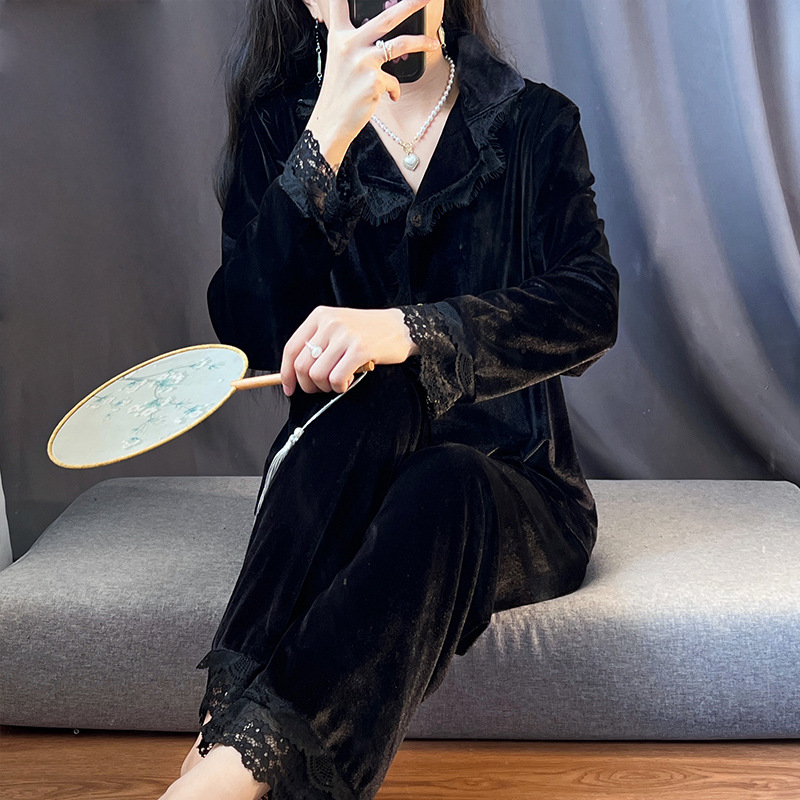 Gold Velvet Pajamas for Women Autumn and Winter New Black Lace Edge Pure Lust French Gold Velvet Fashion Home Wear Set