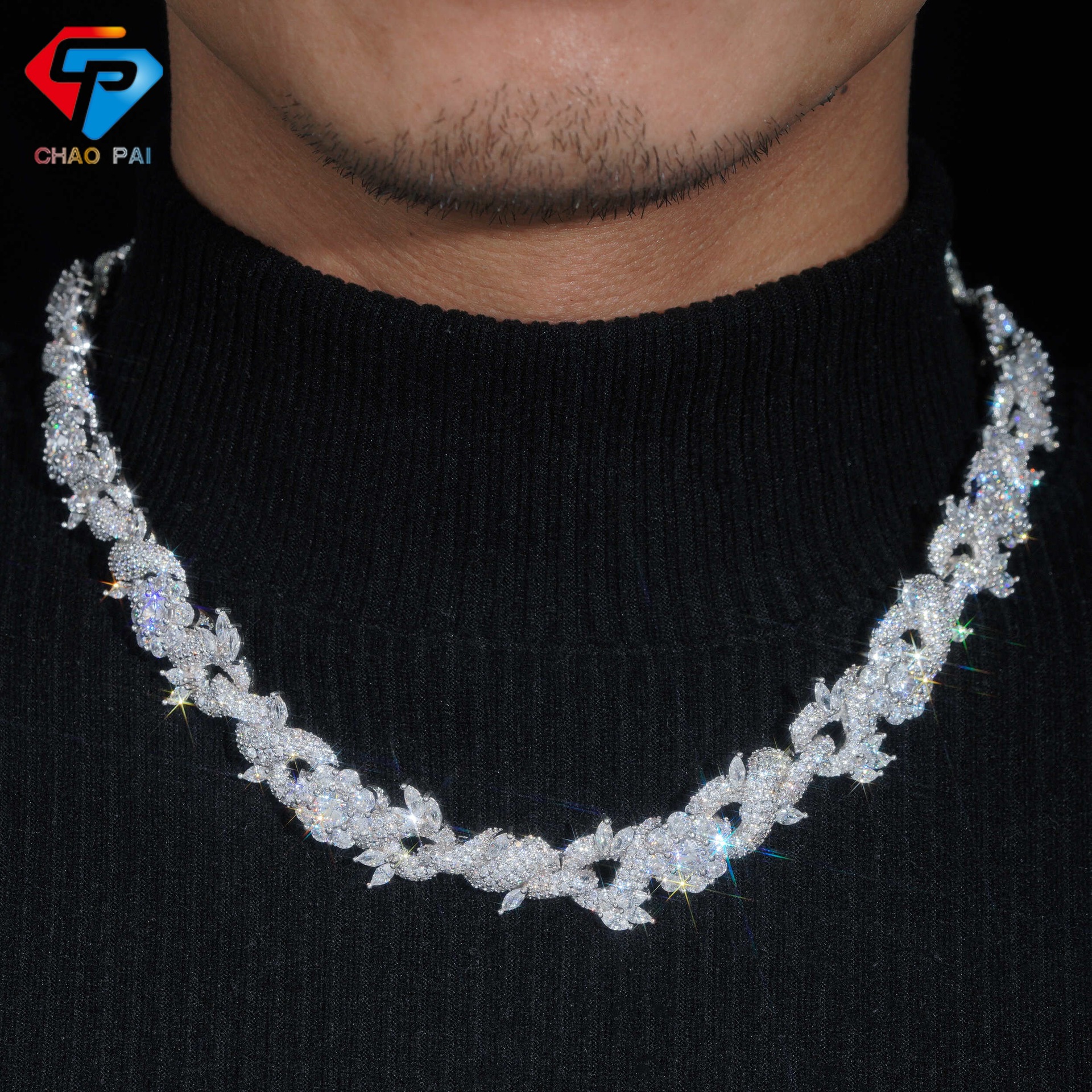 Set di bracciale e collana in rame stile hip hop con motivo floreale e zirconi 5A, gioielli in stile europeo e americano, 15 mm._voghion.com