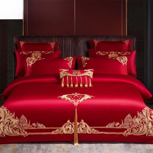 Qqz Yalu 1Oo% Cotton Wedding Four-Piece Set Wedding Cotton Accessible Luxury Flower Embroider Red Wedding Room Bed