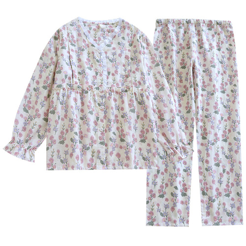 Spring and summer thin pure cotton gauze confinement clothes maternity pajamas long-sleeved floral cardigan postpartum nursing clothes home clothes