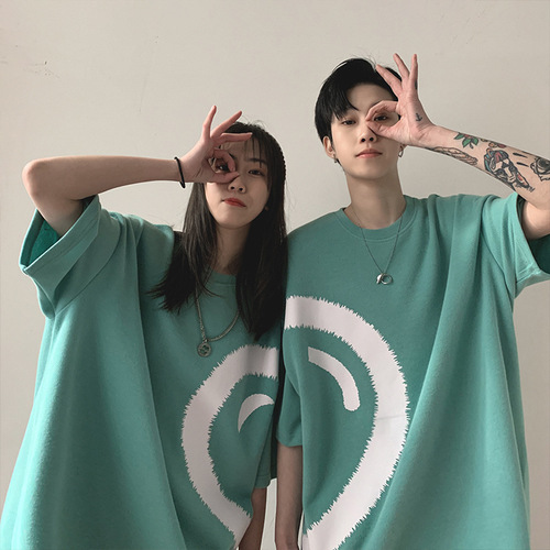 Fashion Men's Summer Streetwear Couple's Love Heart Short Sleeve T-Shirt Men's Korean Style Trendy Loose Round Neck Five-and-a-Half Sleeve Trendy T