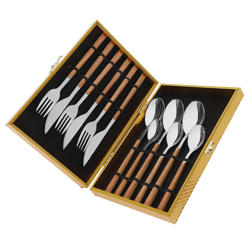 Mango de clip de grano de madera Cuchillo, tenedor y cuchara de acero inoxidable de estilo japonés Traje de vajilla occidental Cuchillo de carne de 16 piezas, tenedor y cuchara Juego de vajilla de 12 piezas