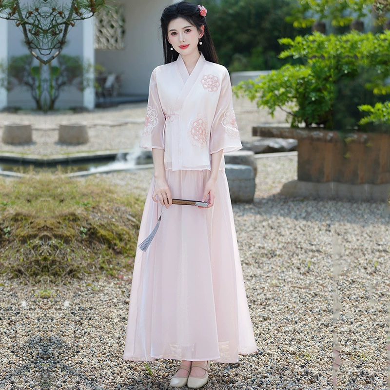 Новый классический китайский костюм Тан с вышивкой в ​​стиле ретро и элементами Хань, улучшенный топ Ханфу-чонсам, чайный костюм в китайском стиле, комплект из двух предметов