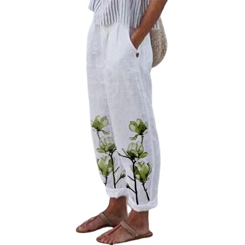 Autumnwish European and American Sweet Fresh-style Printed Cotton-Linen Elastic-Drawstring Casual Pants