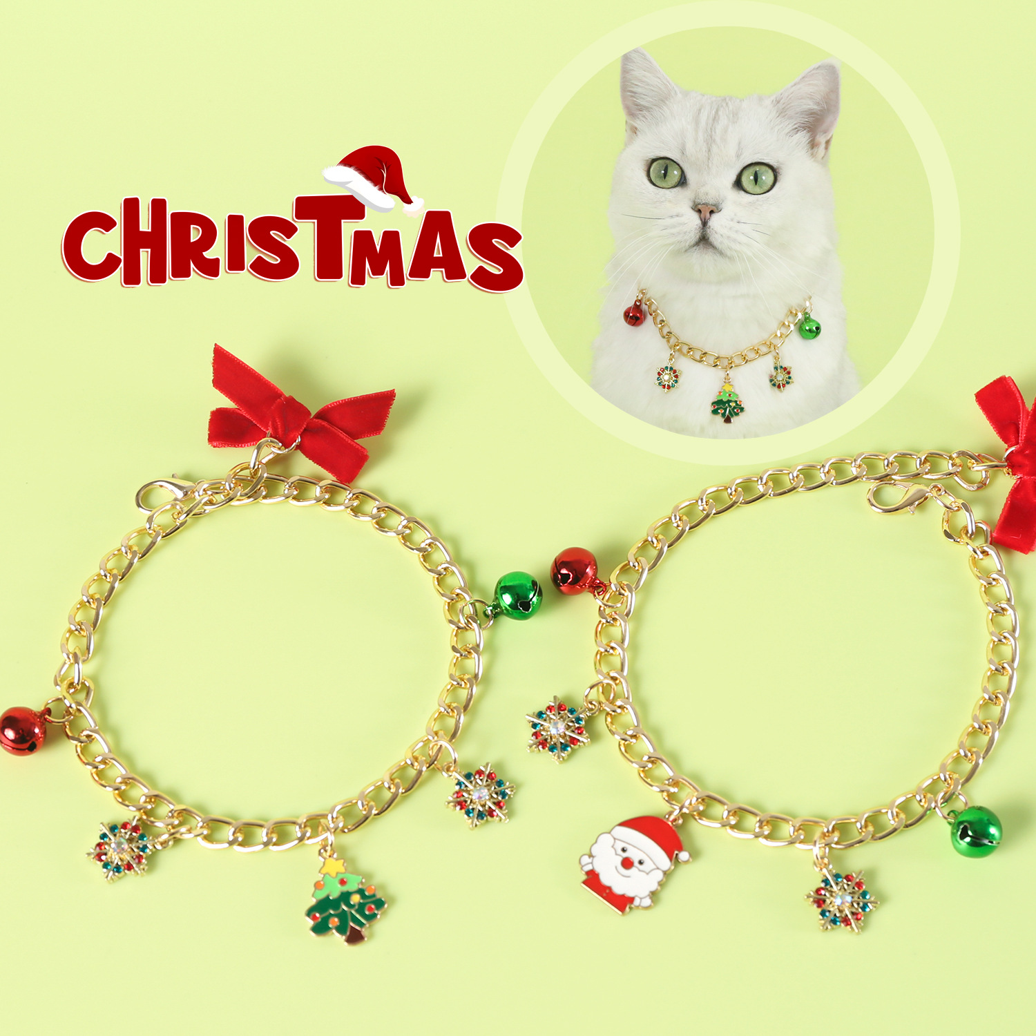 Collar de cadena de perforación de copo de nieve transfronteriza europea y americana para mascotas gatos perros accesorios campana Santa collar de árbol de Navidad
