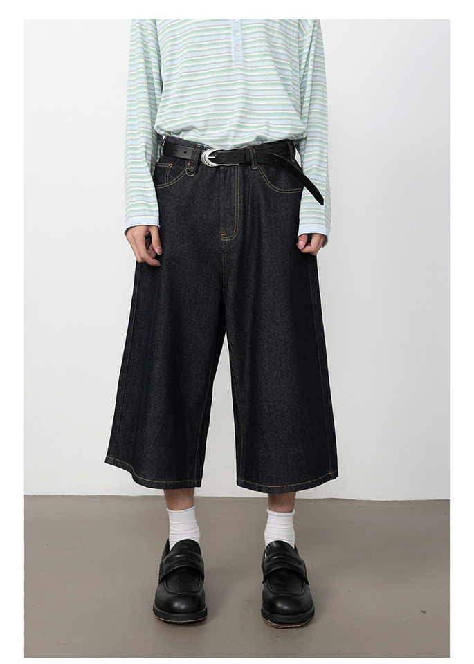 Quần short denim nam dáng rộng ống suông — Da bò thô màu đen, Xanh denim thô, Xanh đậm, Đen xám chi tiết 6