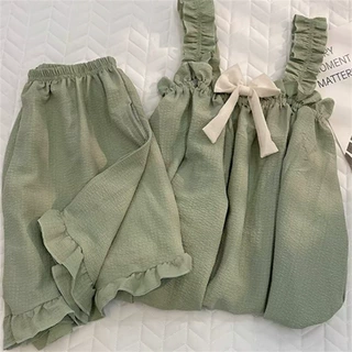 短裤两件套纯色家居服蝴蝶结小清新ins吊带小清新睡衣女夏日简约