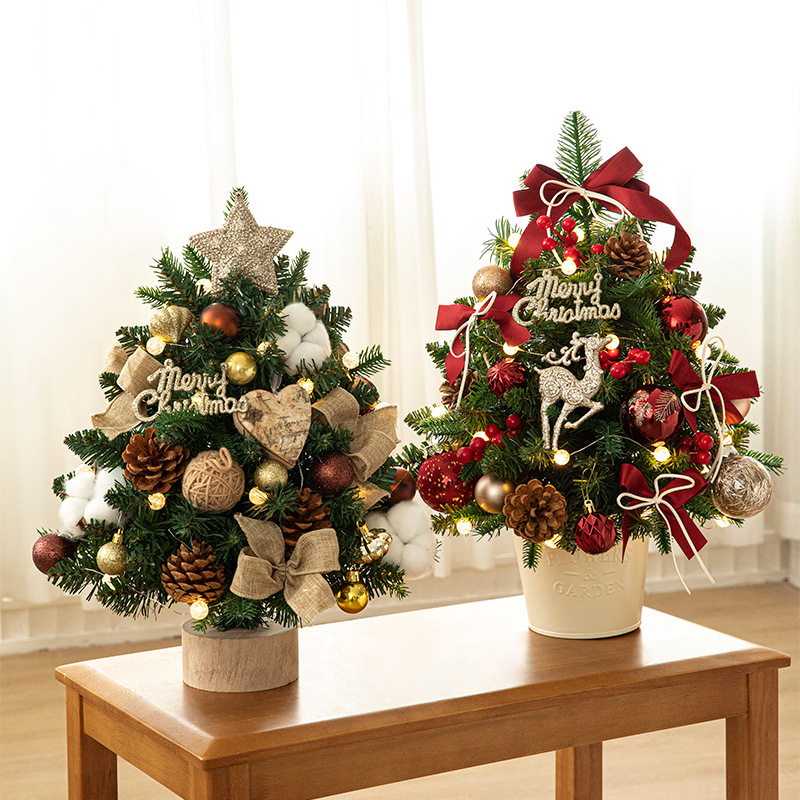 Nuevo árbol de Navidad de barril PE 45 / 60CM de lujo cifrado mini con iluminación decoración de escritorio DIY decoración árbol de Navidad