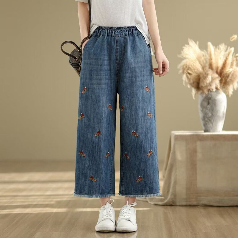 2026 Spring New Vintage Cartoon Embroidery Cropped Jeans for Women, Loose Fit, Slimming High Waist Wide Leg Pants 25255 2026 Spring New Vintage Cartoon Embroidery Cropped Jeans for Women, Loose Fit, Slimming High Waist Wide Leg Pants 25255