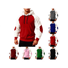 跨境秋冬新款潮流宽松大码拼色插肩连帽卫衣男装休闲套头上衣外套