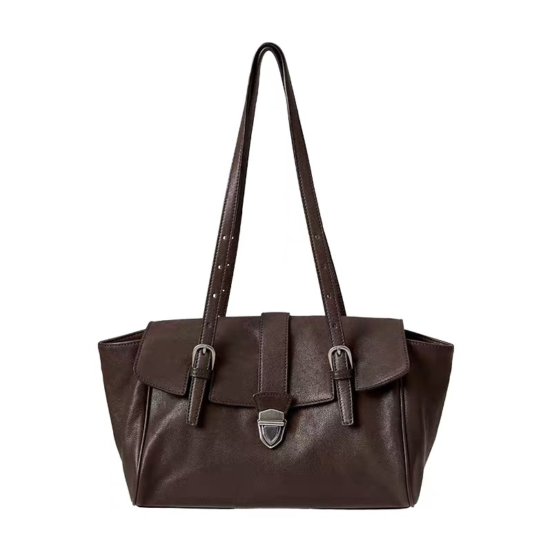 Premium Vegetable Tanned Leather Baguette Briefcase For Women 2026 New Casual Retro Commuter Handbag Shoulder Bag - Thumbnail 6