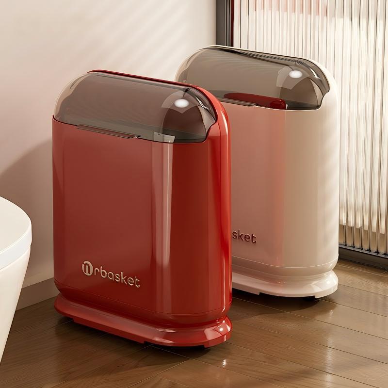 Household bathroom trash can, large capacity, with wheels, sanitary bin for narrow spaces, movable, stylish, with lid, paper basket Household bathroom trash can, large capacity, with wheels, sanitary bin for narrow spaces, movable, stylish, with lid, paper basket