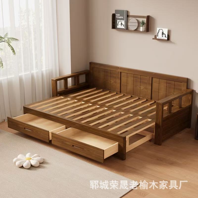 無垢材ソファベッドプッシュプル中国羅漢ベッド拡張可能な小型リビングルーム収納古いニレソファ|undefined