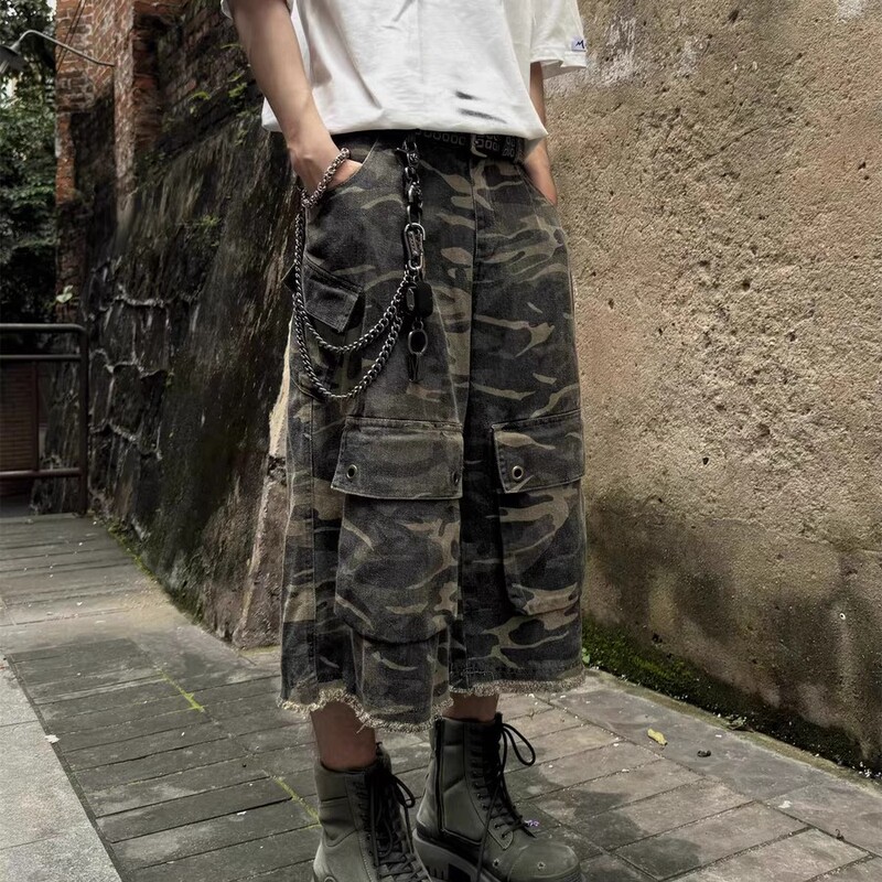 Summer American Retro Heavy Large Pocket Cleanfit Shorts Men's Raw Edge Camouflage Cargo 7/8 Pants