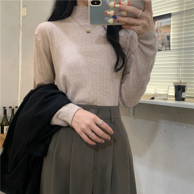 商品详情图_咖色针织衫女设计感小众2022年秋冬新款半高领长