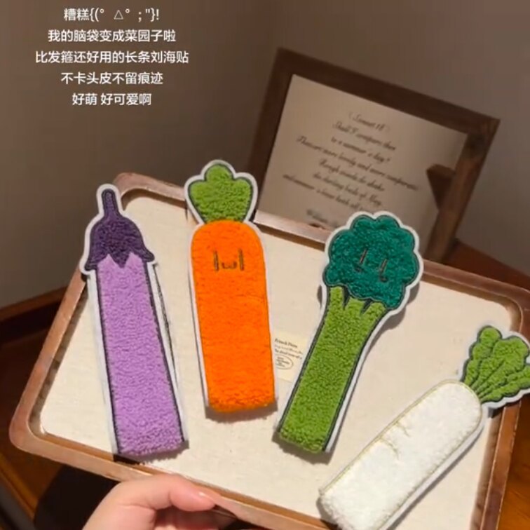 Fun and quirky realistic vegetable hair clips, cute cartoon girl seamless bangs stickers, face wash and makeup headband