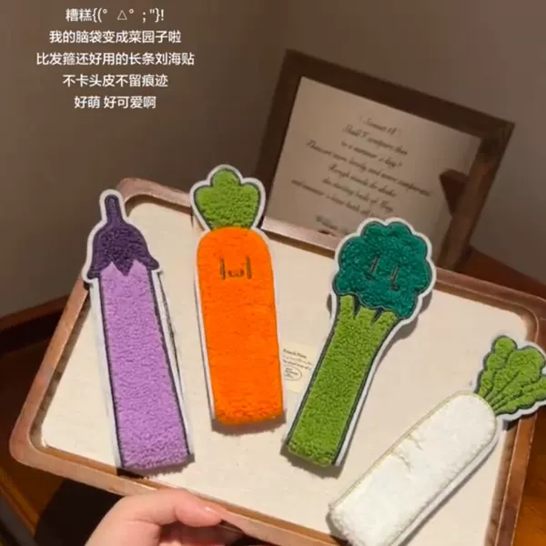 Fun and quirky realistic vegetable hair clips, cute cartoon girl seamless bangs stickers, face wash and makeup headband