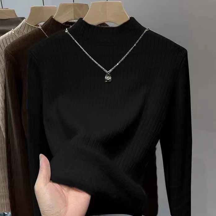 Otoño y invierno nuevo estilo coreano versátil camiseta de base de cuello medio alto con una camiseta de lana de color sólido y suéter de punto de lana para mujeres