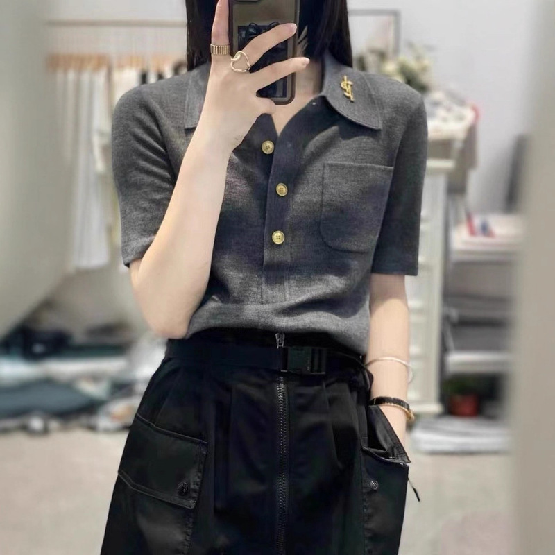 Sun with me white Baihe jianbing same style Gray western style POLO collar sweater short sleeve top women's lapel knitted